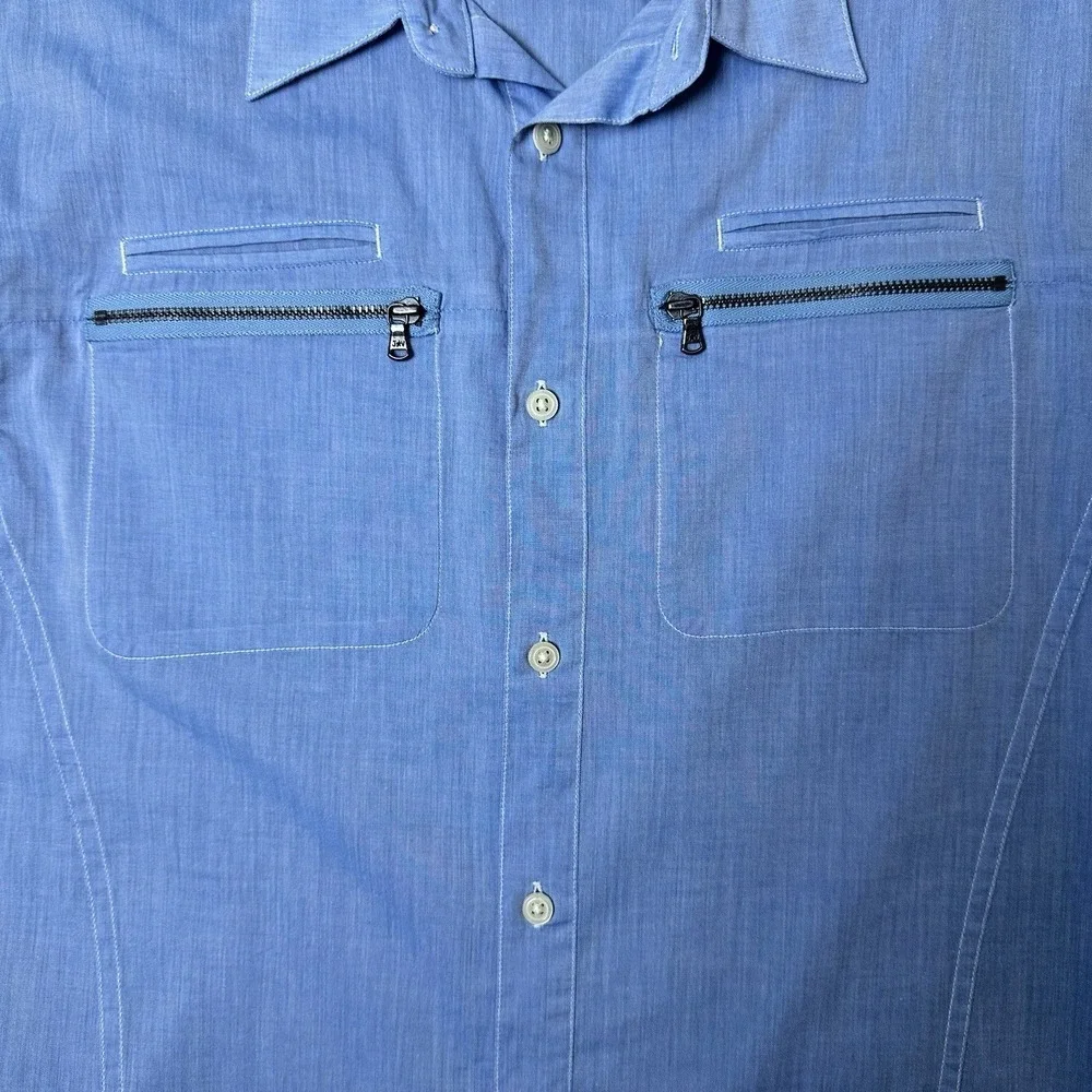 John Varvatos Womens Medium Blue Cotton Minimalist Chic Shirt Roll Tab Sleeves - Picture 4 of 13